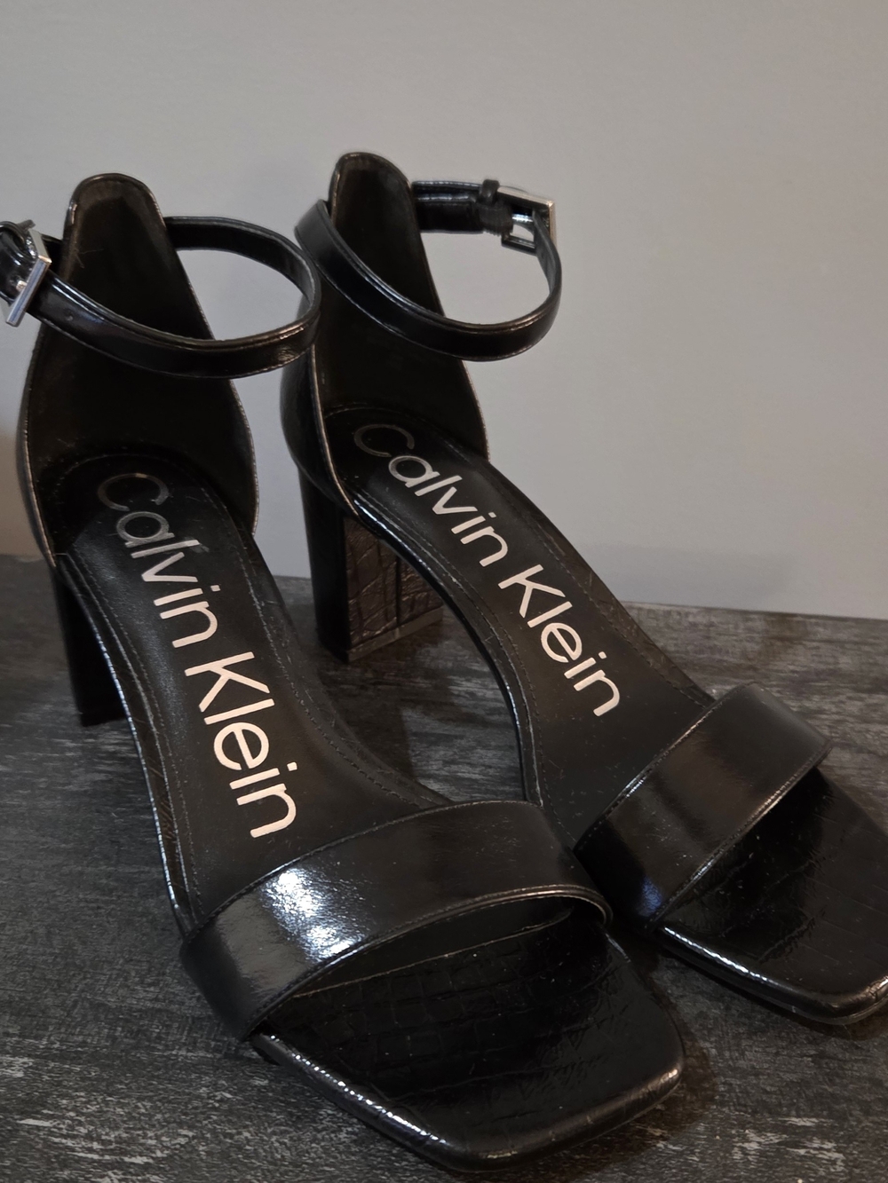Calvin Klein Black Patent Ankle-Strap Block Heels